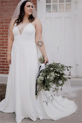 Beach Spaghetti Satin Wedding Dress Sleeveless Backless Big Size Bridal Gowns Simple Train Beach Bride Dress
